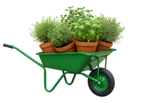 Isolated wheelbarrow full of fresh herbs in pots for a hobby garden or greenhouse project