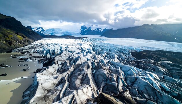 Aerial panorama capturing a glacial landscape with crevasses, snow-capped mountains, and a lake reflecting the cloudy sky - Powered by Adobe