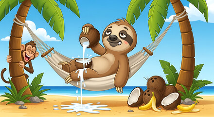 Lazy Sloth Pours Coconut Milk On Tropical Beach Hammock
