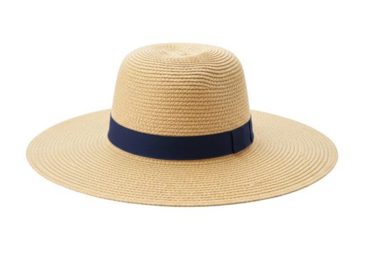 Isolated sun hat with blue band, straw women's summer fashion headwear accessory object item