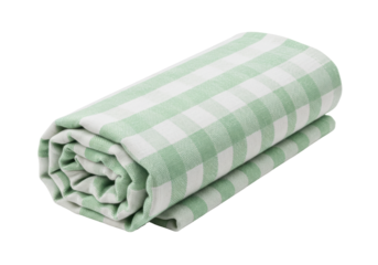 Isolated roll of a checkered mint-green and white towel made of cotton or linen fabric