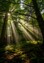 Fototapeta premium Sunbeams Filtering Through Dense Forest Canopy