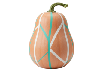 Isolated oblong orange pumpkin with teal and white stripes, on neutral background, Autumn decoration