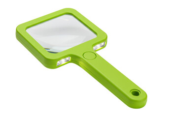 Isolated handheld illuminated magnifying glass on a neutral surface with a green plastic frame
