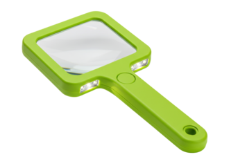 Isolated handheld illuminated magnifying glass on a neutral surface with a green plastic frame