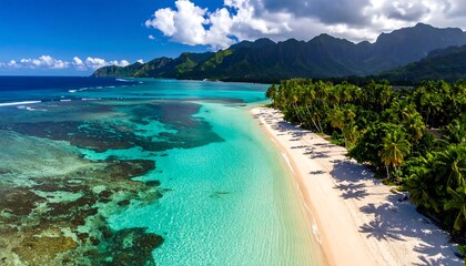 An aerial view showcases a tropical paradise. Turquoise water meets a white-sand beach fringed by palms, backed by lush green mountains under a blue sky