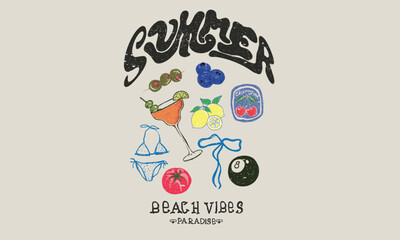 Beach picnic print design. Olive, blueberry, bow, bikini, tomato, eight ball, cherry, lemon and drink artwork for t shirt print, poster, sticker and other uses.