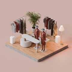 Isometric Clothing Store Display with Mannequins and Fashion Racks - 3D Render