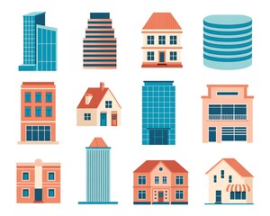 Fototapeta premium Collection of diverse building illustrations in flat design style