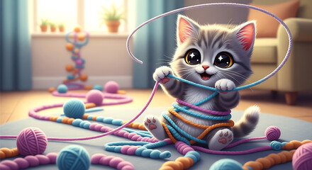 Mischievous Kitten Tangled in Rainbow Yarn Chaos Indoors