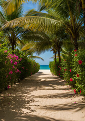 Sunlit Beach Path with Palm Shadows and Pink Flowers