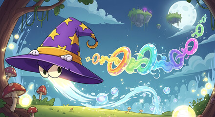 Mischievous Magic Hat Flying Through a Night Forest