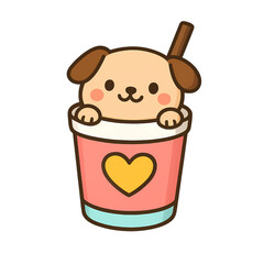 cute puppy in a pink cup with heart – kawaii style vector illustration