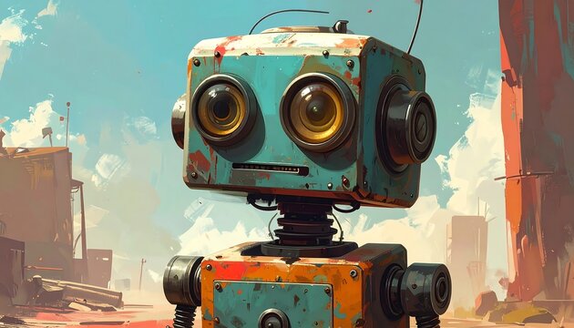 An artistic close-up of a robot with a box-shaped head and large, expressive eyes, seemingly in a post-apocalyptic setting