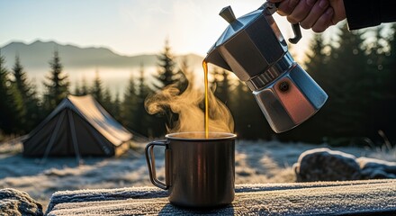 A hand pours steaming coffee from a moka pot into a metal cup. A camping tent and pine trees are visible in the background, with mountains in the distance.