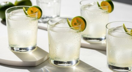 Four glasses of refreshing lime cocktails with slices of lime on the rim. The drinks are served on a white surface, ideal for summer gatherings.