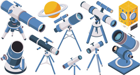 Isometric 3D illustration of astronomy telescopes, observatory dome, satellite, and planet, scientific research, space exploration, and astrophysics observation equipment © Md Nayim islam