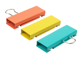 Isolated colorful binder clips for documents and papers in orange, yellow, and turquoise color
