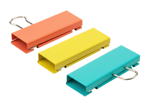 Isolated colorful binder clips for documents and papers in orange, yellow, and turquoise color