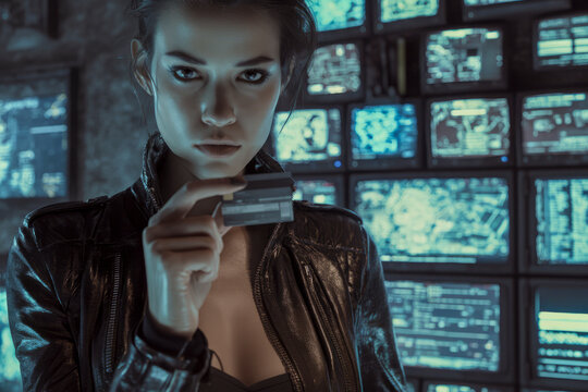 Cyberpunk woman showing credit card in surveillance room