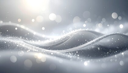 An abstract digital art piece presents flowing, undulating curves in shades of gray and silver with sparkling bokeh. Light emanates from the upper left