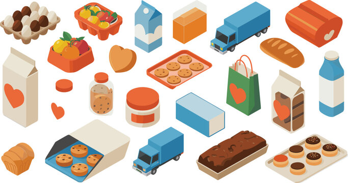 Isometric 3D illustration of various food items, bakery products, milk cartons, delivery trucks, and grocery goods for culinary design