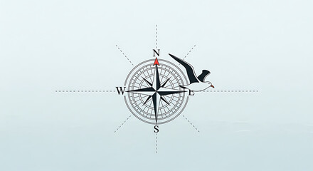 Nautical Compass Seagull Flying Minimalist Navigation Art