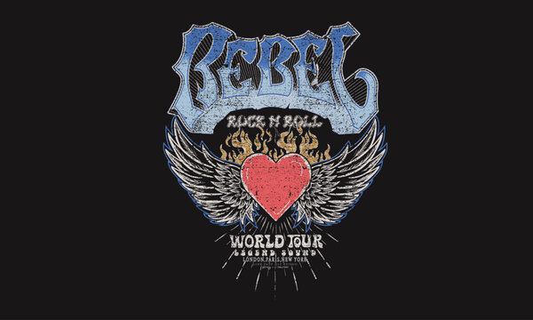 Eagle wing with fire heart graphic artwork. Music poster. Rock and roll tour t shirt print design. Rockstar vector artwork.