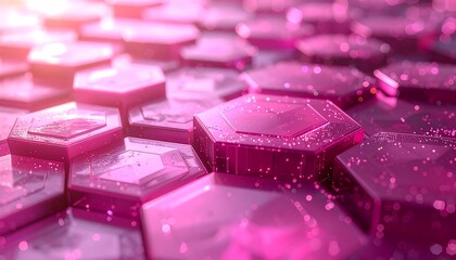 Abstract close-up of a network of interconnected, hexagonal tiles, bathed in a gradient of pink hues with a sparkling effect