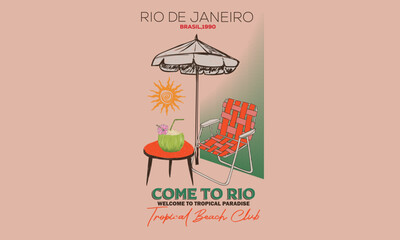 Tropical paradise. Coconut with chair. Summer paradise artwork. Summer vibes artwork. Copacabana beach art.	