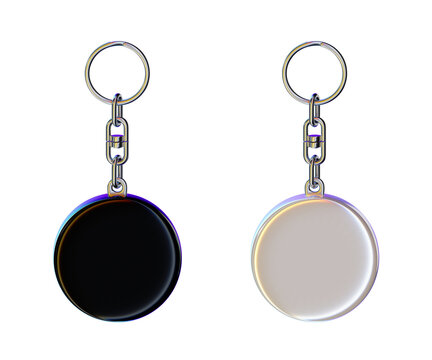 Blank round keychain mockup set in black and white with silver metal ring isolated on transparent background