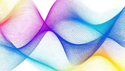 An abstract rendering with undulating waves of colorful dotted lines against a white backdrop. It showcases various hues blending
