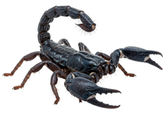 Isolated arthropod scorpion, a dark-colored venomous arachnid, predator with pincers and stinger