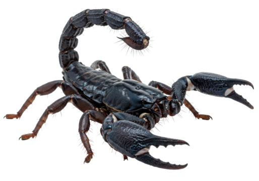 Isolated arthropod scorpion, a dark-colored venomous arachnid, predator with pincers and stinger