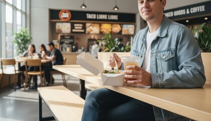Fototapeta premium Young man enjoying takeout food and a drink in a modern fast-casual restaurant 