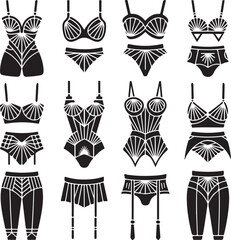 A large vector icon set of women's vintage apparel, including corsets, garter belts, and lingerie in a distinctive art deco style