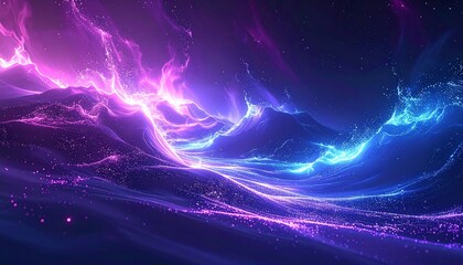 An abstract digital artwork featuring vibrant, flowing energy forms in shades of purple, pink, and blue, resembling celestial landscapes