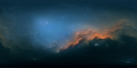 360 degree space nebula. Giant interstellar cloud with stars, equirectangular projection, environment map. Spherical panorama. 3D rendering, Fractal image