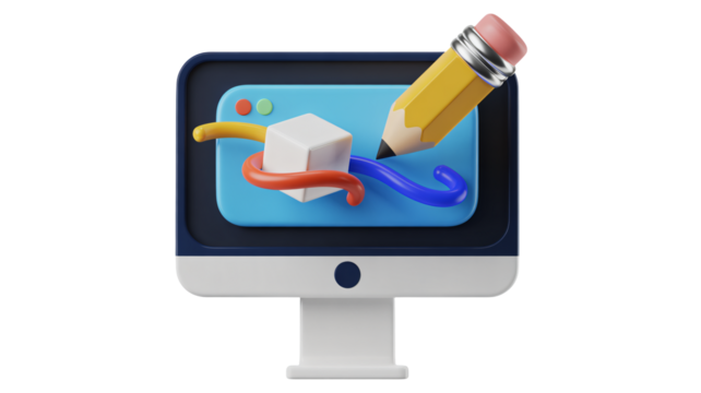 Creative process visualized with 3D elements on computer screen, symbolizing digital design and concept development