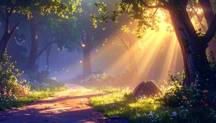 An animated forest scene bathed in sunlight. The pathway leads to a sunlit clearing. The tree trunks frame the path. Sunlight beams