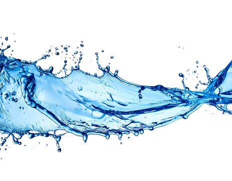 An artistic close-up shows a dynamic splash of clear, blue liquid against a stark white background, showcasing droplets and movement