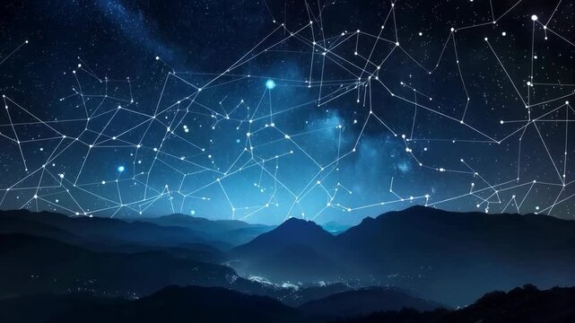 A starry sky with connected lines of constellations above a mountain landscape and a city at night. It will fit perfectly into materials about astronomy, travel, the night sky, tourist routes, and edu