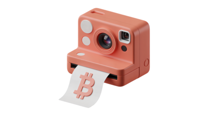 Bitcoin printed from a retro instant camera, symbolizing digital currency growth, financial technology, and modern investment opportunities.