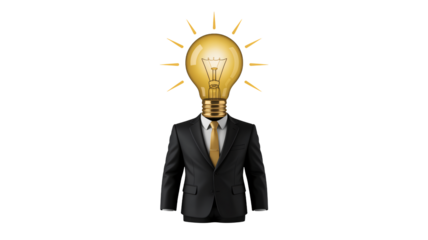 Innovative business leader with a lightbulb head, symbolizing brilliant ideas, creativity, and success in the corporate world, representing innovation and vision