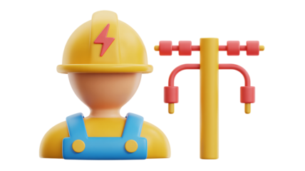 Electrician character with lightning bolt helmet and power lines, perfect for energy, utilities, and construction projects
