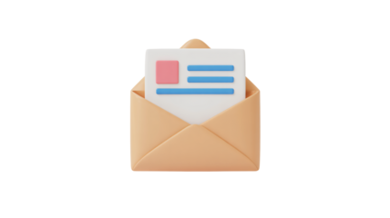 Modern 3D illustration of an open envelope containing a document, perfect for marketing, email campaigns, and business communication