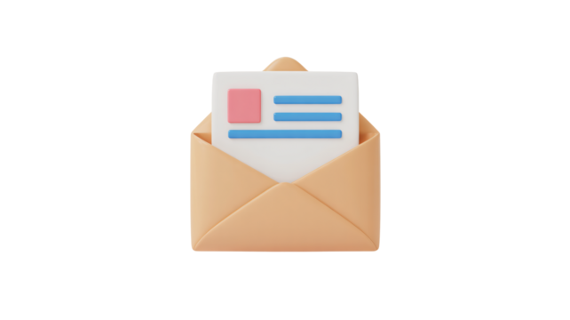 Modern 3D illustration of an open envelope containing a document, perfect for marketing, email campaigns, and business communication