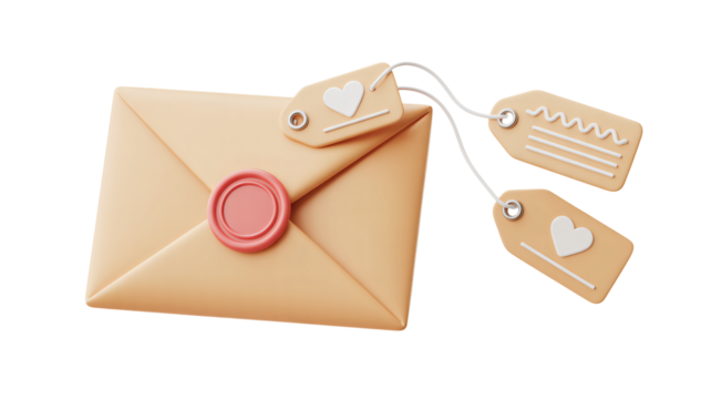 Elegant 3D envelope with heart tags, conveying love, greetings, and special messages for romantic occasions and celebrations