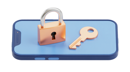 Smartphone security concept with lock and key representing data protection, privacy, and secure access for digital information and personal data