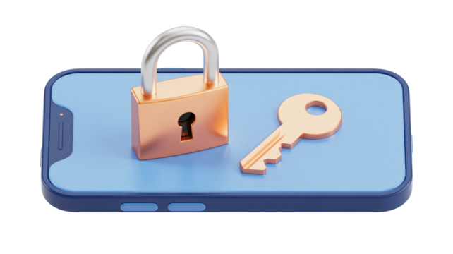 Smartphone security concept with lock and key representing data protection, privacy, and secure access for digital information and personal data
